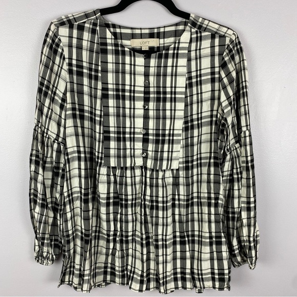Loft Plaid Long Sleeve Peasant Blouse Medium Black White - Picture 2 of 12